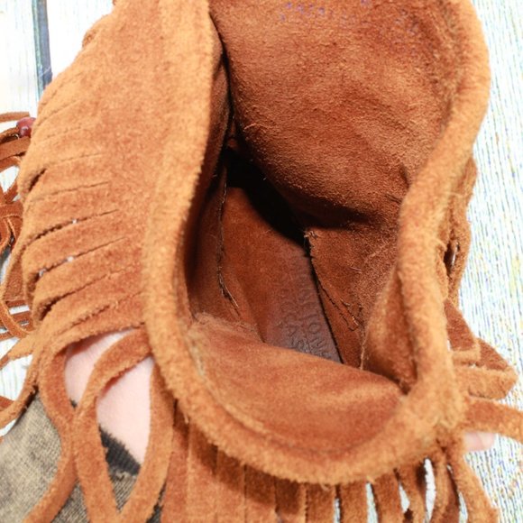 *Minnetonka Brown Suede Lace-up Pull On Fringe Moccasins Booties Size - Picture 8 of 9